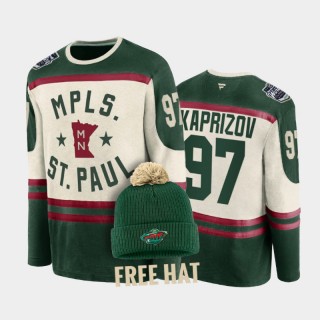 Kirill Kaprizov Minnesota Wild 2022 Winter Classic #97 T-Shirt Free Hat Green  Cream Retro Archival